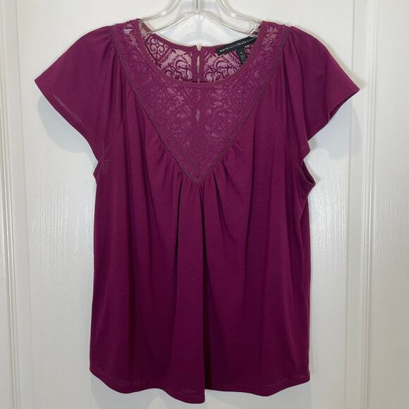 White House Black Market Lace Yoke Top Purple Flutter Short Sleeves S - Picture 1 of 6